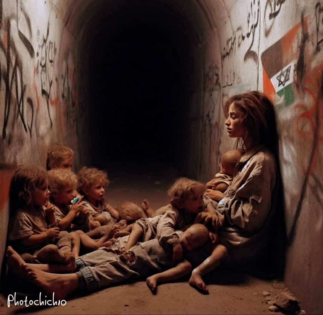 An AI artistic representation of a mother and children in captivity in the tunnels of Gaza
