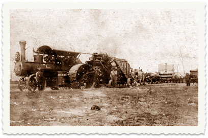 1909, the Cucuy family in Canada. In the photo: The Cucuy family's steam tractor before they left the farm in Olivier to Saskatoon