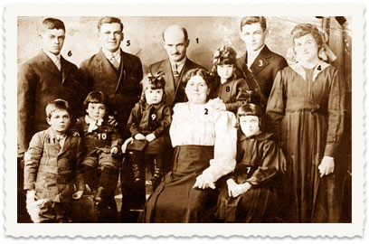 1920, the Cucuy family in full constitution in Winnipeg, Canada: 1 and 2 – parents Asher and Etil, 3 – Shaul, 4 – Leah, 5 – Meir, 6 – Aharon, 7 – Tova, 8 – Tzipora, 9 – Miriam, 10 – Tuvia, 11 – Noah