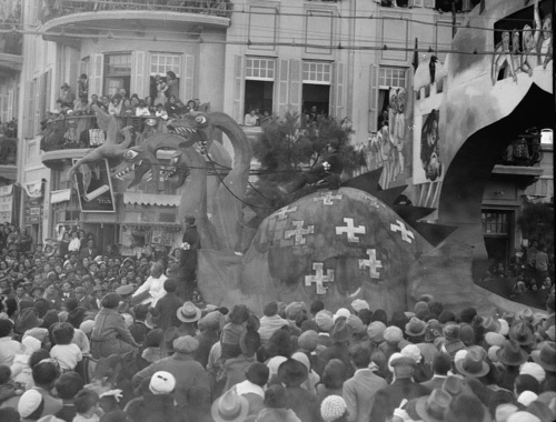 A three-headed Nazi dragon at the Adloyada Purim parade in Tel Aviv, 1934