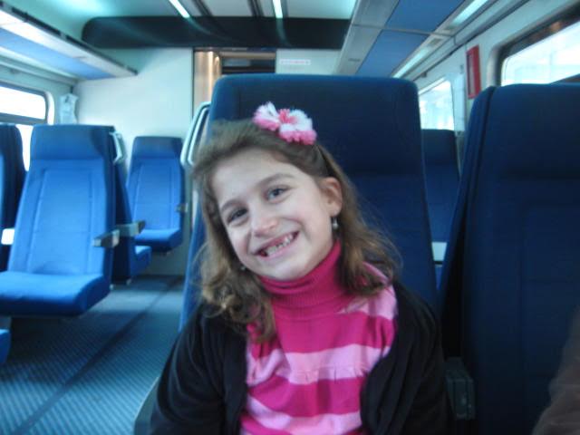 Daniella excitedly riding the train on her first trip to Israel