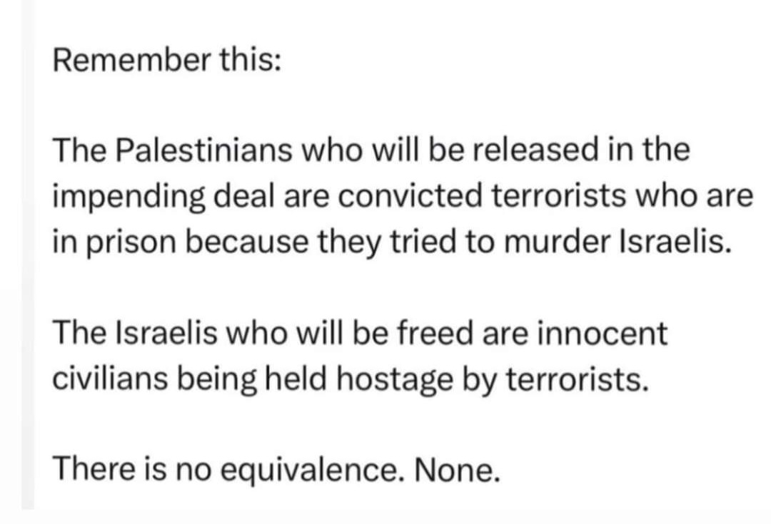 There is no equivalence between releasing Palestinian terrorists from prison and Israeli civilian hostages