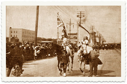 July 19, 1919, during a parade in Winnipeg in honor of the Balfour Declaration. Leah rides at the head of the march, waving a blue and white flag